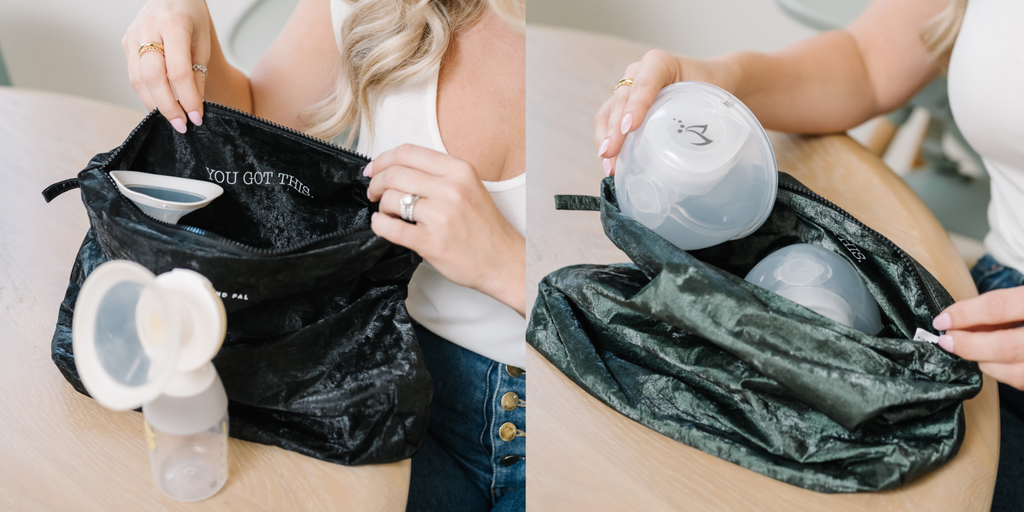 Two different photos. The one on the left is a black wet/dry bag showing flanges fitting inside the bag. On the right a green wet/dry bag showing how breast pump collection cups fit inside the wet/dry bag.